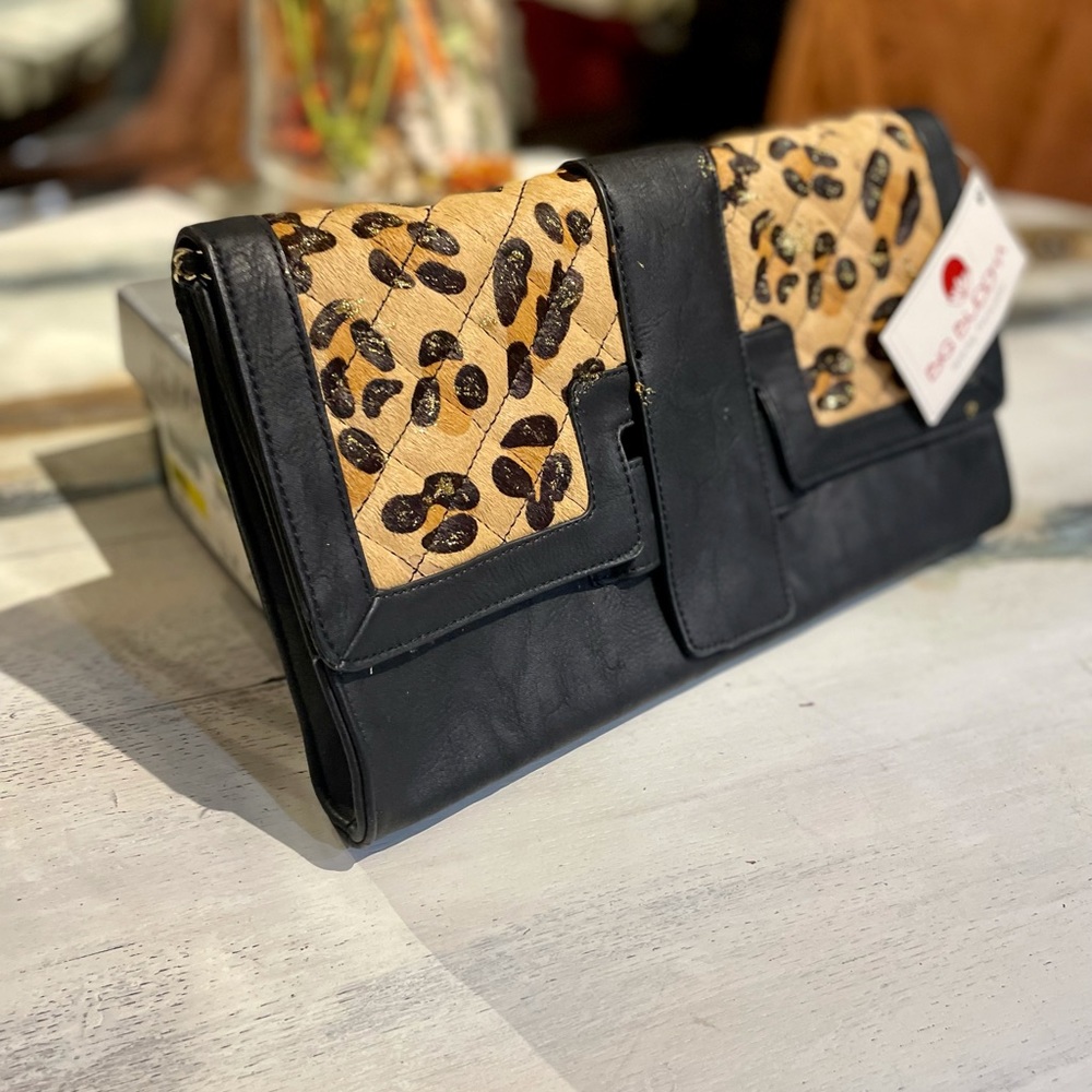 Big Buddha Clutch Purse Black Leather & Leopard Print Splash Bronze Link Strap